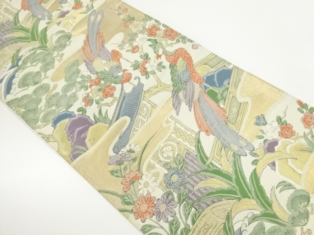 アンティーク　花鳥風景模様織出し袋帯（材料）